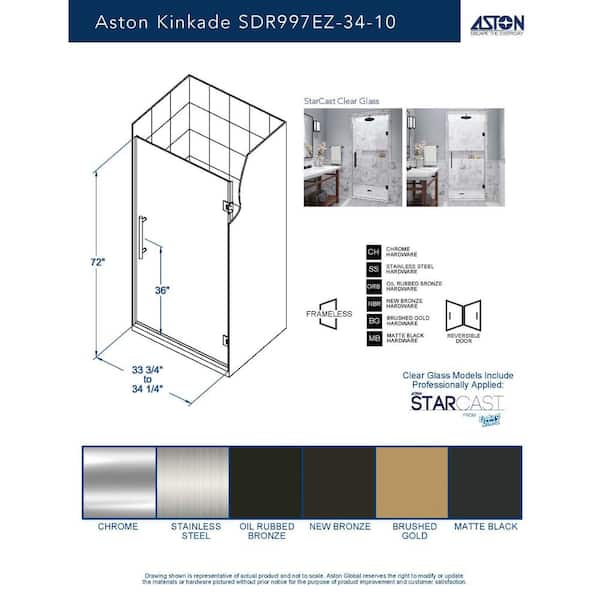 Aston Kinkade 33.75 - 34.25 in. W x 72 in. H Frameless Aston Kinkade 33.75 - 34.25 in. W x 72 in. H Frameless