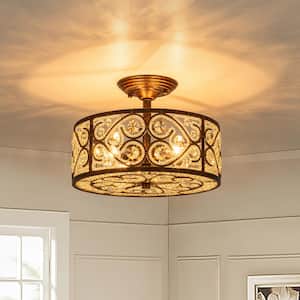 Iridescent 13.8 in.W 4-Light Antique Copper Glam Semi-Flush Mount Ceiling Light with Beaded Crystal Drum Shade