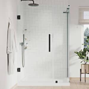 Tampa-Pro 38in. L x 32in. W x 75in. H Corner Shower Kit w/Pivot Frameless Shower Door in Black w/Shelves and Shower Pan