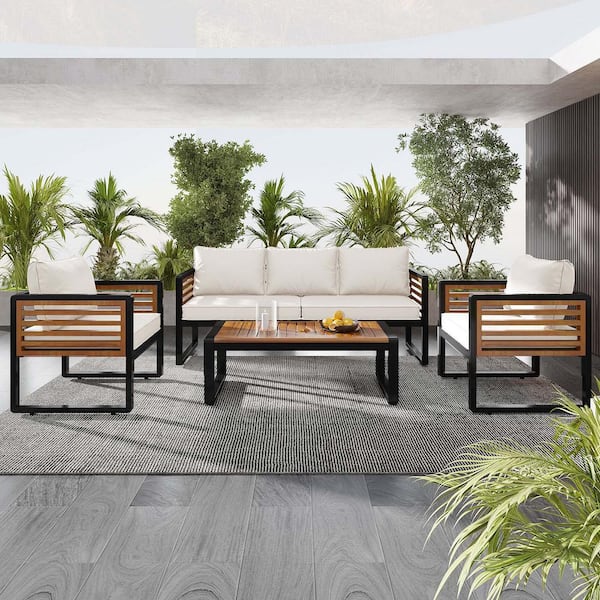 Unbranded Outsude Patio Furniture Sets, 4-Pieces Outdoor Metal Patio Conversation Sets Garden Sofa Seating Set with Beige Cushions