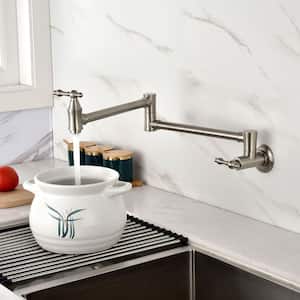 Wall Mounted Pot Filler Folding Kitchen Faucet Brass Countertop Articulating Commercial 2 Handle Tap in Brushed Nickel