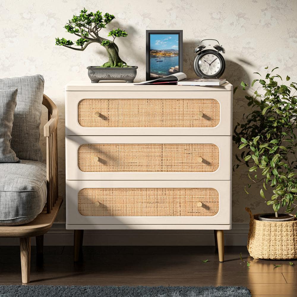 White and Natural Rattan 3-Drawer Mid-Century Modern Chest