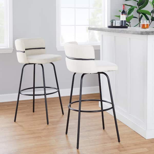 Lumisource Cinch Claire 29.5 in. Cream Fabric and Black Metal Fixed-Height Bar Stool with Round Footrest (Set of 2)