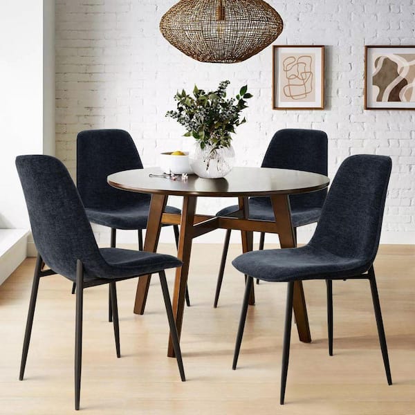 Dark Blue Upholstered Dining Chair with Black Metal Legs (Set of 4)