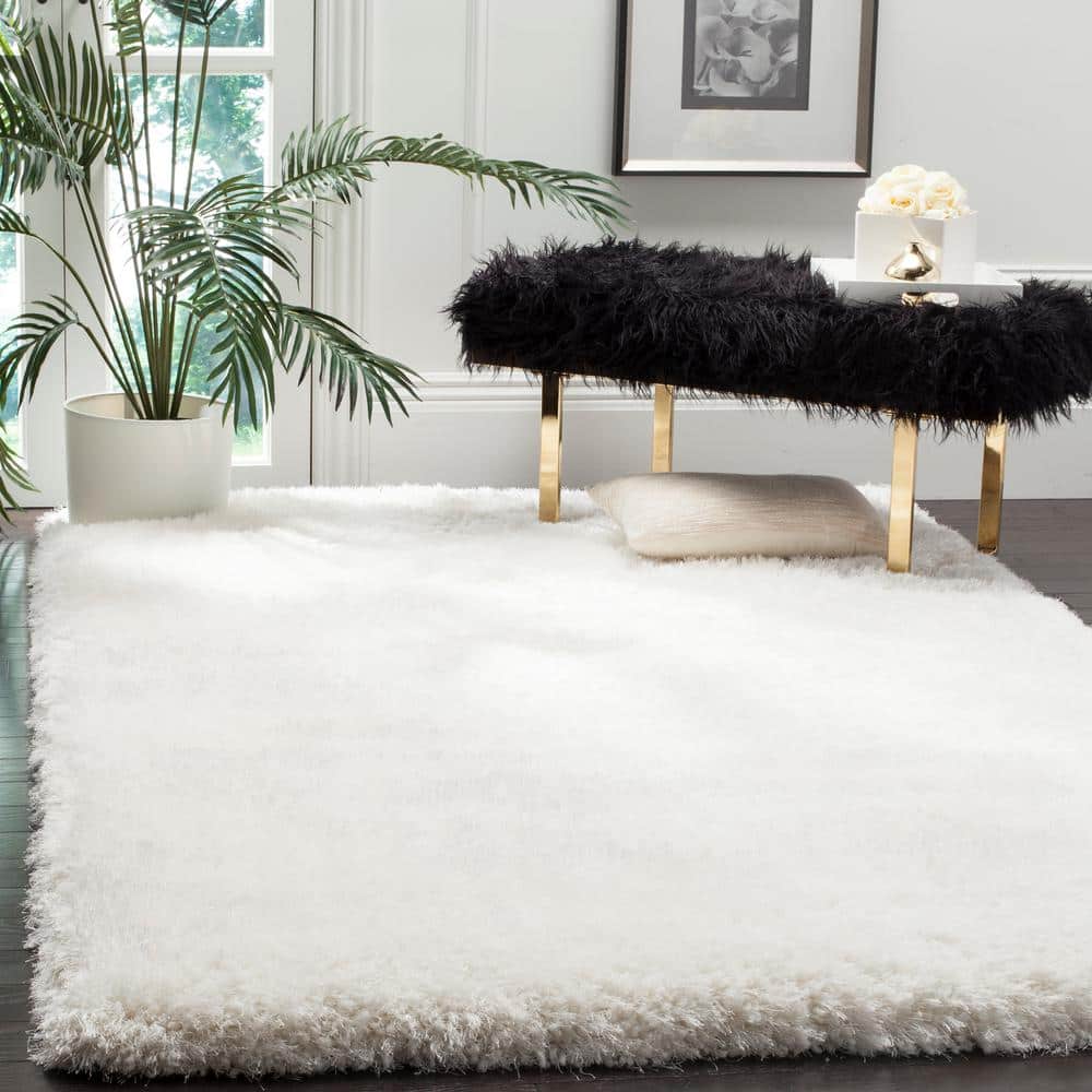Ivory Hand-Tufted Synthetic Shag Square Area Rug, 6'x6'