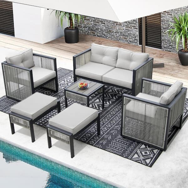 FINCATI 7-Pieces PE Wicker Outdoor Patio Sectional Set with Gray Cushions, 2 Ottomans and 1 Side Table