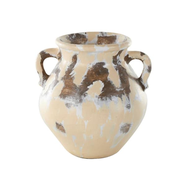 Litton Lane Cream Antique Style Pot Ceramic Decorative Vase with Curved Handles