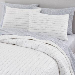Bright White and Lake Blue Pick-Stitch Handcrafted Cotton Quilt Set
