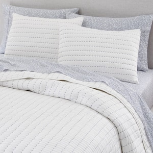 3-Piece Bright White and Lake Blue Pick-Stitch Handcrafted Cotton Full/Queen Quilt Set