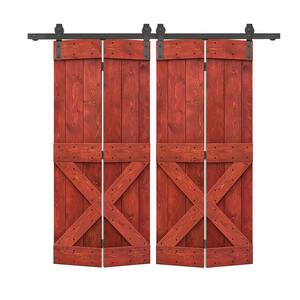 44 in. x 84 in. Mini X Series Cherry Red Stained DIY Wood Double Bi-Fold Barn Doors with Sliding Hardware Kit