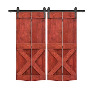 52 in. x 84 in. Mini X Series Solid Core Cherry Red Stained DIY Wood Double Bi-Fold Barn Doors with Sliding Hardware Kit
