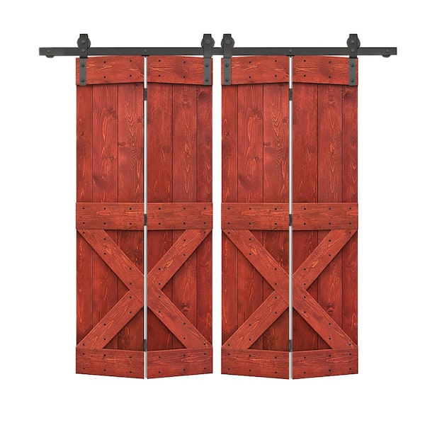 CALHOME 52 in. x 84 in. Mini X Series Solid Core Cherry Red Stained DIY Wood Double Bi-Fold Barn Doors with Sliding Hardware Kit