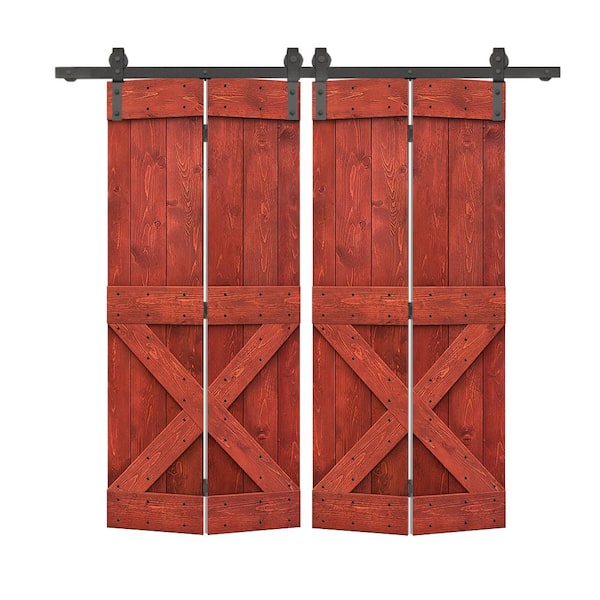 CALHOME 60 in. x 84 in. Mini X Series Cherry Red Stained DIY Wood Double Bi-Fold Barn Doors with Sliding Hardware Kit