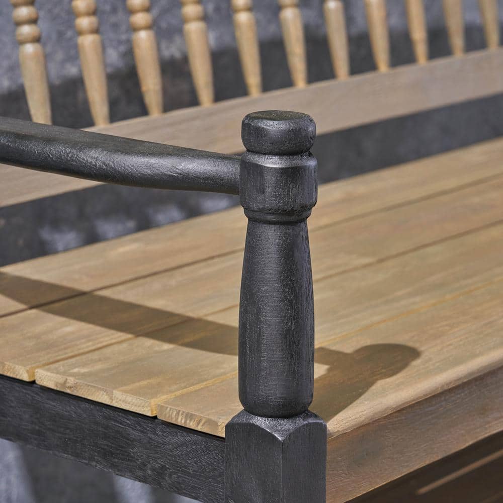 Gray and Black Acacia Wood Farmhouse Bench with Shelf