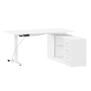 63 in. Width L-Shape White Wooden 3-Drawer Computer Desk with Adjustable Height, Open Shelves & A Door Storage Cabinet