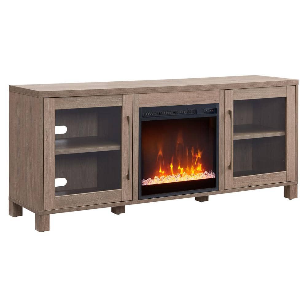 Antiqued Gray Oak TV Stand with Fireplace and Cabinets
