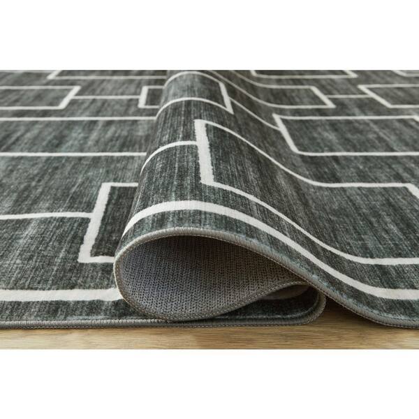 Elderland 8 ft. x  10 ft. Dark Gray/White Geometric Washable Area Rug