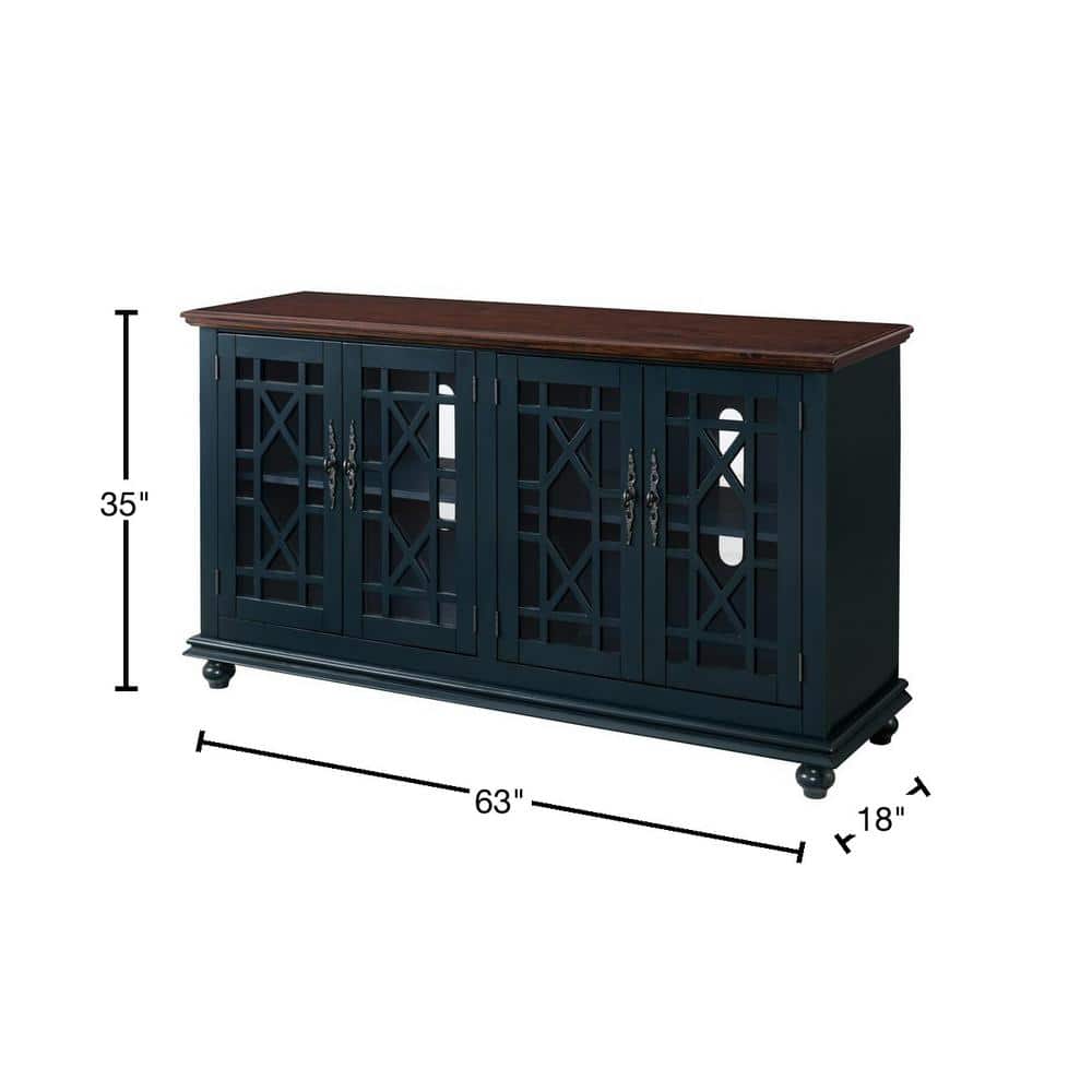 Antique Blue and Walnut 63" TV Stand with Cabinets