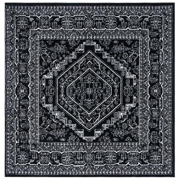 Adirondack Black/Ivory 8 ft. x 8 ft. Border Medallion Square Area Rug