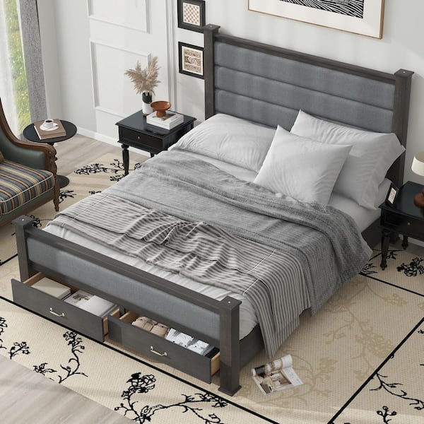 Polibi Antique Gray Wood Frame Queen Size Platform Bed with Upholstered Headboard,Footboard and 2 Drawers