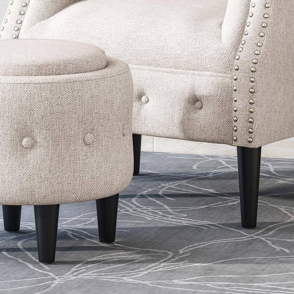 Beige Tufted Fabric Club Chair with Ottoman