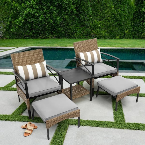 Tunearary Brown Wicker Outdoor Lounge Chair Arm Chair with Blue Cushions Table Ottoman (2-Pack)