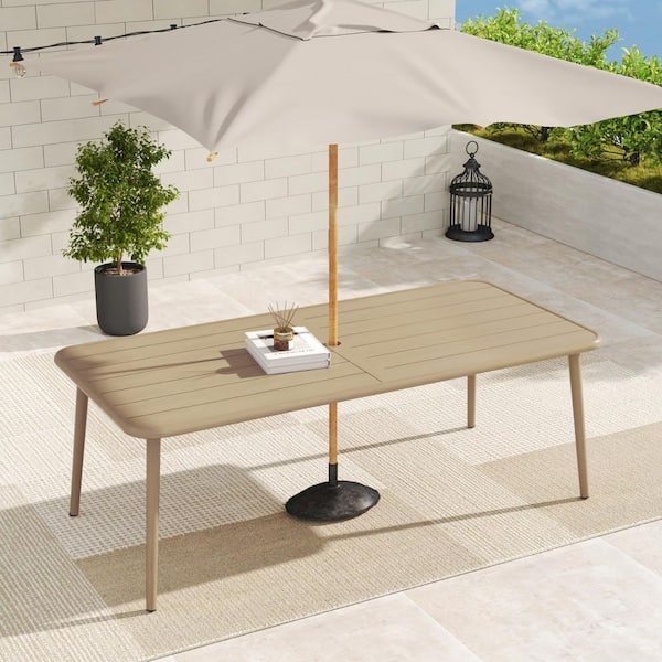 LuxeCraft 81 in. Rectangular Natural Wood Grain Aluminum Outdoor Dining Table with Umbrella Hole