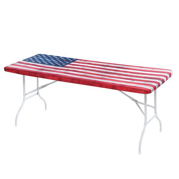BRIELLE HOME 30 in. x 72 in. Cotton Fabric Fitted Table Cover, Red White and Blue Flag