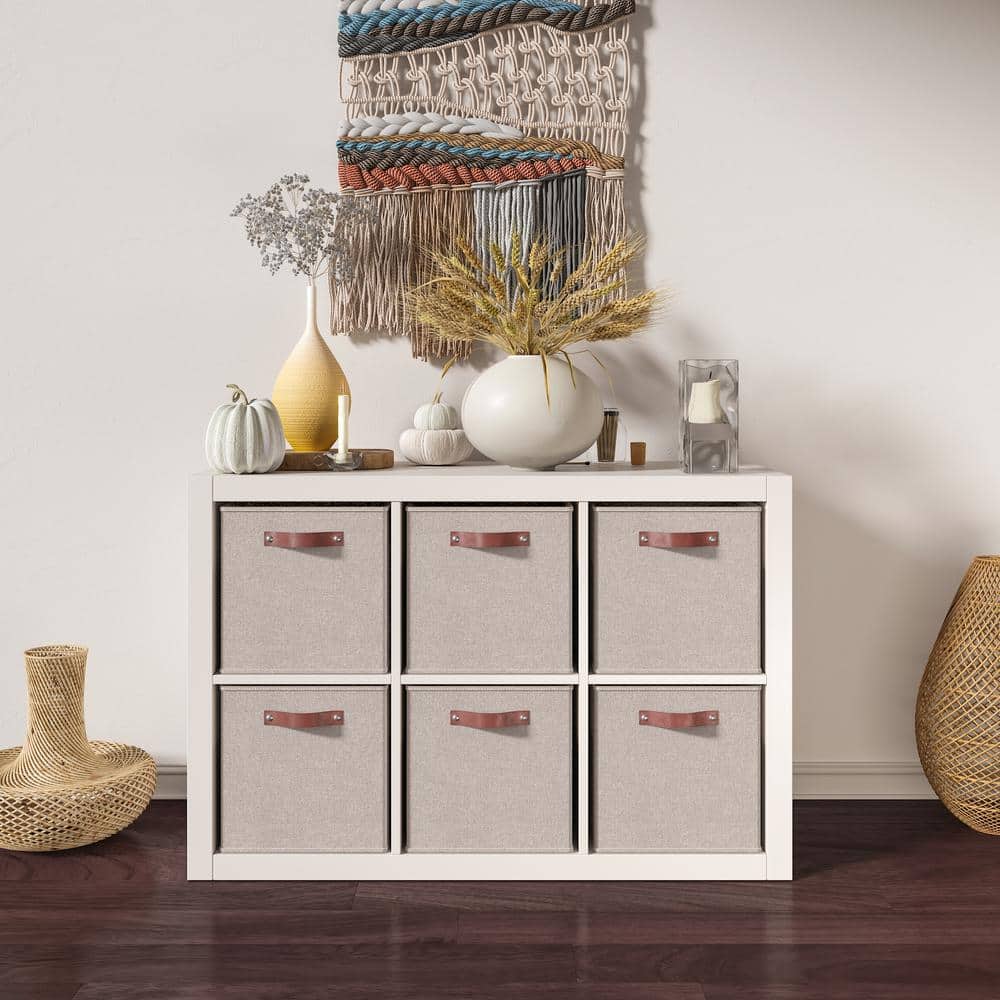 Beige Linen Foldable Storage Cubes with Leather Handles, Set of 6