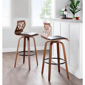Folia 28.75 in. Black Faux Leather, Walnut Wood and Black Metal Fixed Height Bar Stool with Round Footrest (Set of 2)