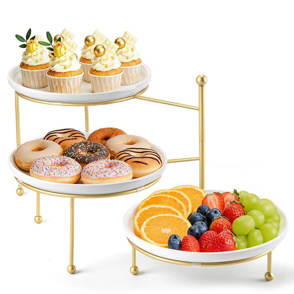 3-Tier Serving Stand with 10 in. White Porcelain Round Plates, Adjustable Cupcake Stand for Party, Wedding, Gold price history on PriceWatchPro