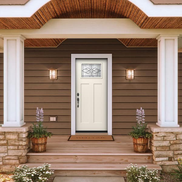36 in. x 80 in. Right-Hand 1/4 Lite Craftsman Carillon Decorative Glass Primed Fiberglass Prehung Front Door