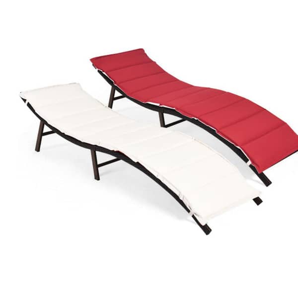 Clihome PE Wicker Folding Patio Outdoor Lounger Chair with White and Red Double-Sided Cushion 2-Pack