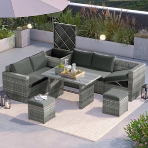 Gray 6-Piece Wicker Outdoor Sectional Set with Adjustable Seat, Storage Box and Gray Cushions
