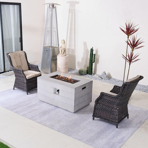 Helmi 3-Piece Brown Wicker Aluminum Outdoor Fire Pit Set with Brown Cushions