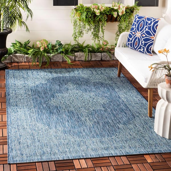 カーペット SAFAVIEH Courtyard Navy/Ivory 7 ft. x 7 ft. Indoor/Outdoor Square
