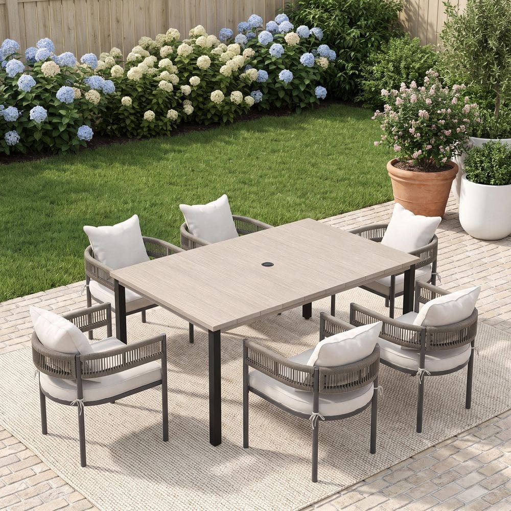 7-Piece Metal Outdoor Dining Set with 63'' Gray Wood-Like Rectangle Table and 6 Woven Rope Chairs with White Cushion price history on PriceWatchPro