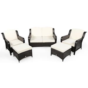 5-Piece Wicker Patio Conversation Set with Off White Cushion and Ottoman