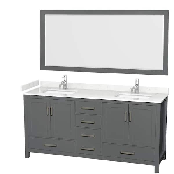Wyndham Collection Sheffield 72 in. W x 22 in. D x 35 in. H Double Bath Vanity in Dark Gray with Carrara Cultured Marble Top and 70" Mirror