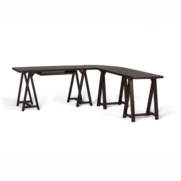 Simpli Home Sawhorse Solid Wood Modern Industrial 84 in. Wide L-Shape Corner Desk in Dark Chestnut Brown