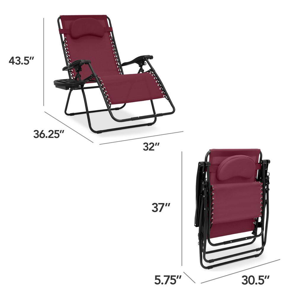 Oversized Burgundy Steel Zero Gravity Outdoor Lounger with Cushion