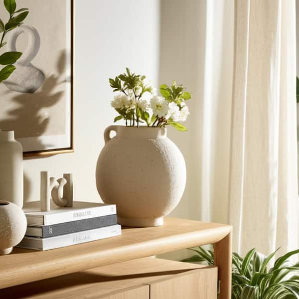 7 in. White Ceramic Round Jug Bulbous Decorative Vase With Handle