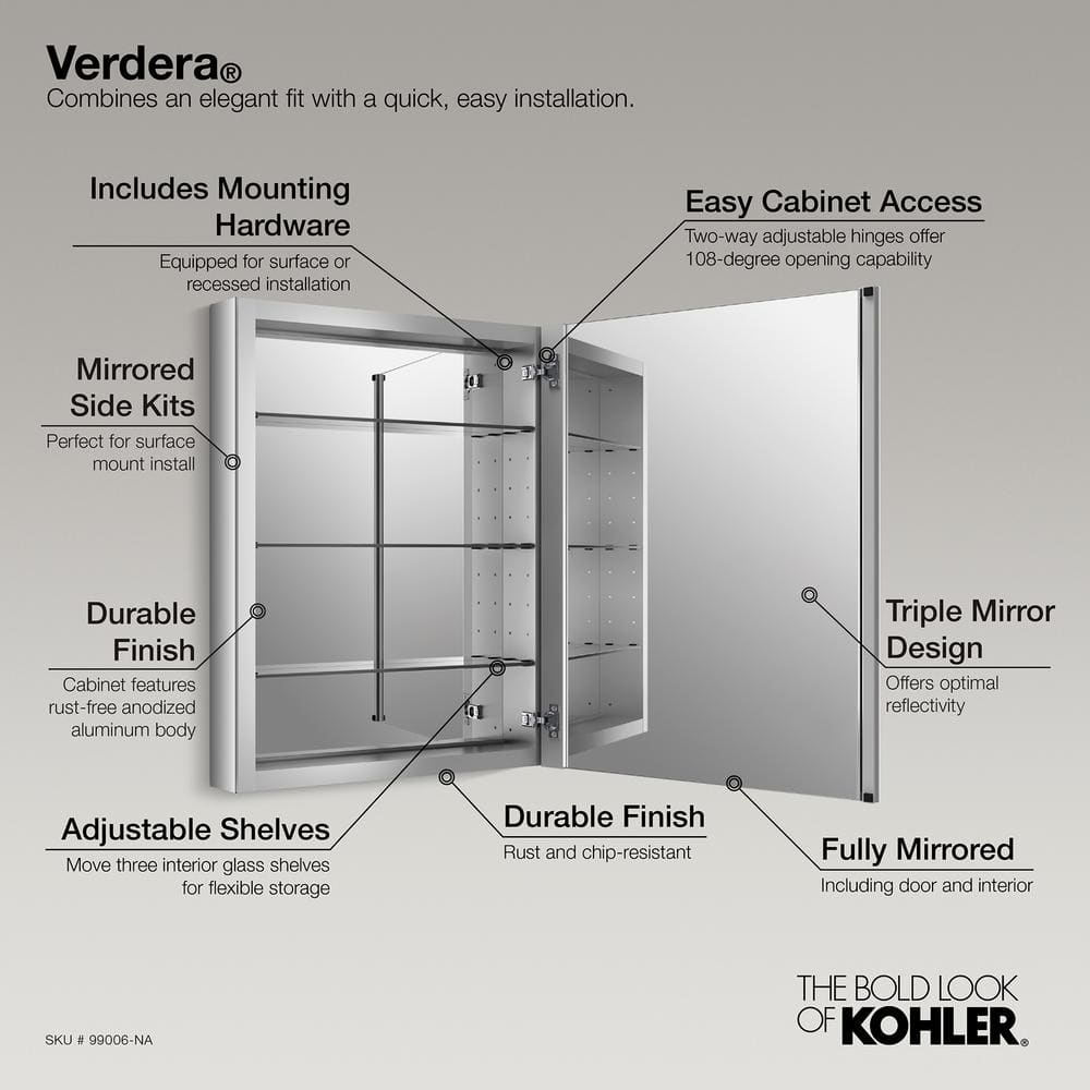 Verdera Sleek 24"x30" Frameless Aluminum Medicine Cabinet with Adjustable Shelves