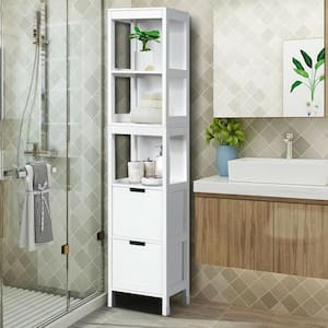 Bathroom White Floor Cabinet Multifunctional Storage Organizer 5-Tier Shelves and 2-Drawers