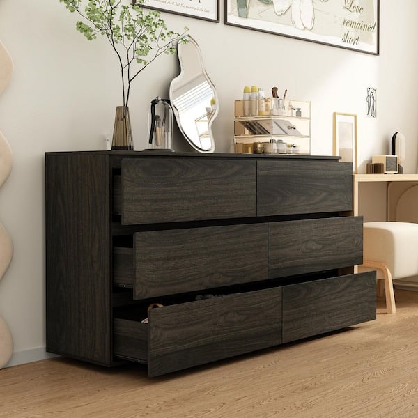 Brown Wood Grain 6 Drawers 59 in. W Wooden Chest of Drawers, Dresser, Storage Cabinet