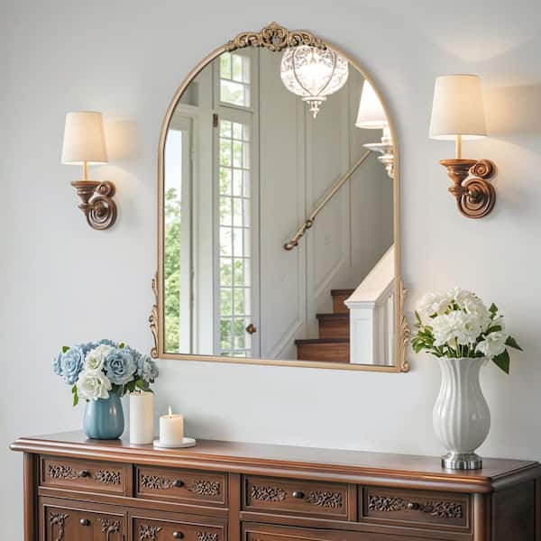 Elevatehome 20 in. W x 26 in. H Intricately Carved Gold Arched Framed Wall Bathroom Vanity Mirror in Cast Iron Floral