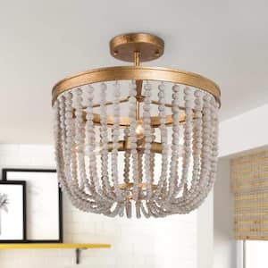 Modern Farmhouse Ceiling Light 4-Light Antique Gold Semi-Flush Mount Light with Weathered White Wood Beads