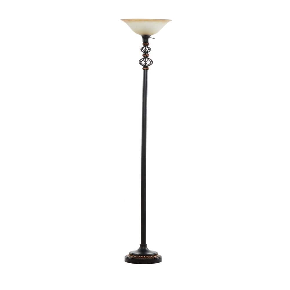 70" Black Iron Torchiere with Cream Glass Shade