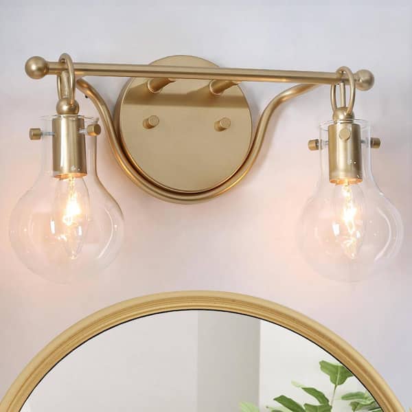 LNC Modern Gold Vanity Light 14 in. 2-Light Globe Bathroom Wall Sconce Industrial Brass Wall Light with Clear Glass Shades
