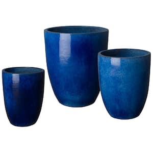20 in., 24 in., 28 in. H Blue Ceramic Tall Planters S/3
